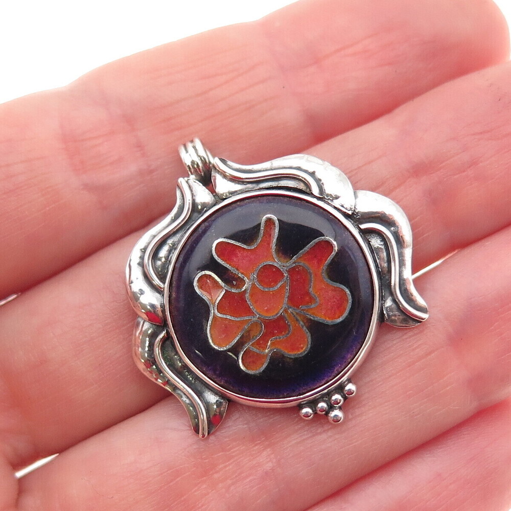Ursula 925 Sterling Silver Vintage Enamel Floral Modernist Charm Pendant